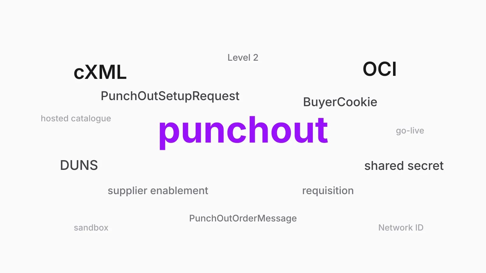 A loose cloud of punchout glossary terms in varying weights, such as cXML, OCI, DUNS, BuyerCookie and supplier enablement.