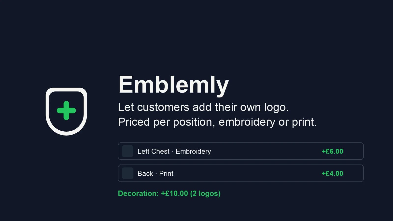 Emblemly — let customers add their own logo, priced per position, embroidery or print