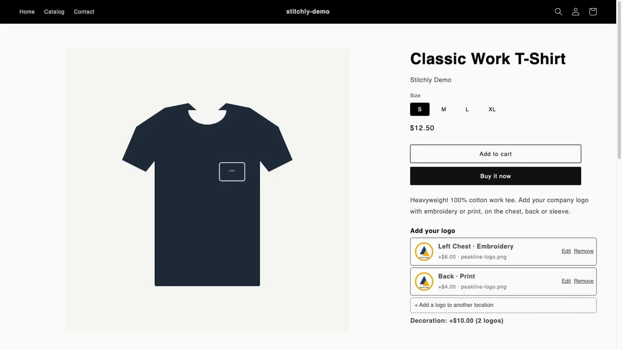 Product page showing two configured logos and the decoration total