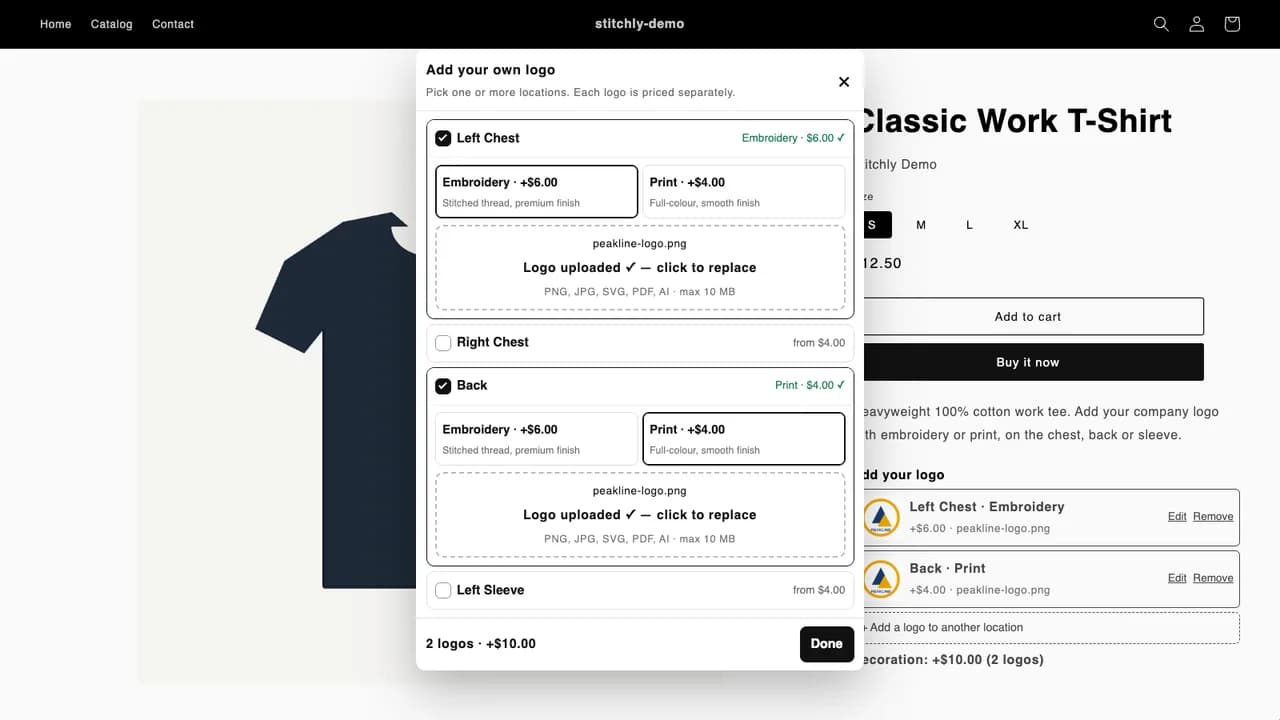 The Emblemly popup on a product page with Left Chest and Back selected