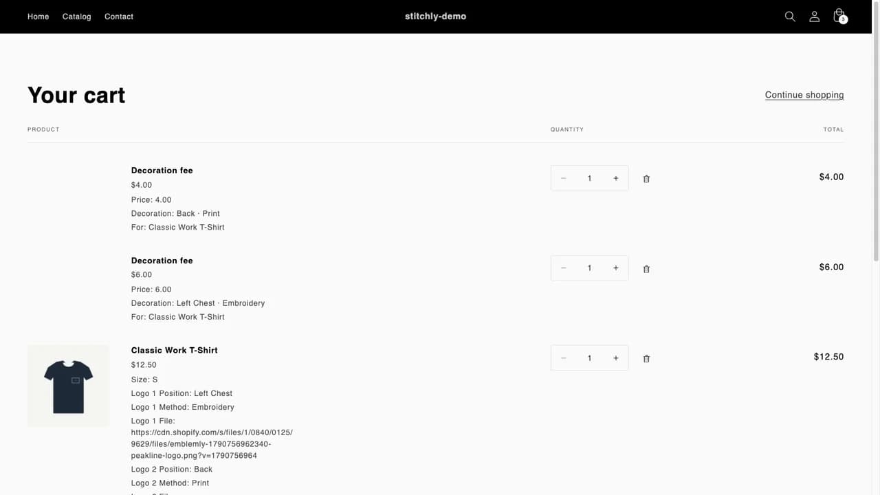 Shopify cart showing two Decoration fee lines next to the product