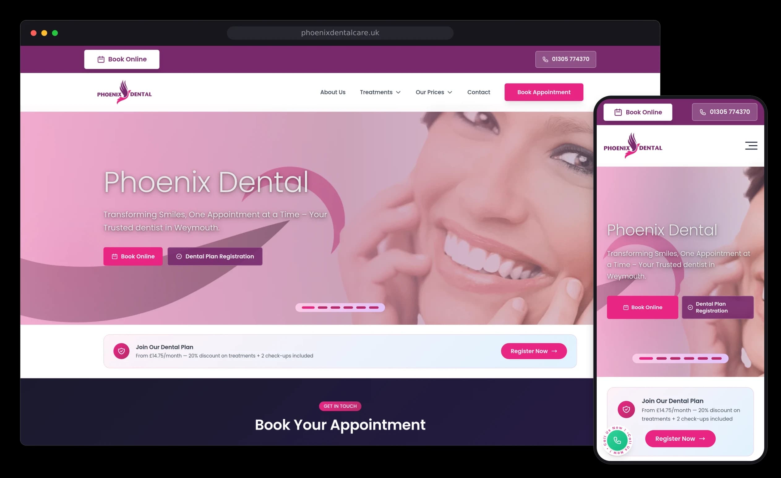 Phoenix Dental Care website on desktop and mobile