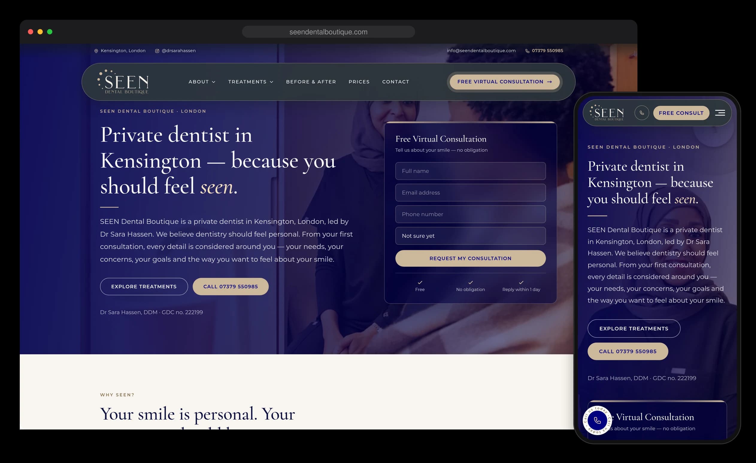 SEEN Dental Boutique website on desktop and mobile